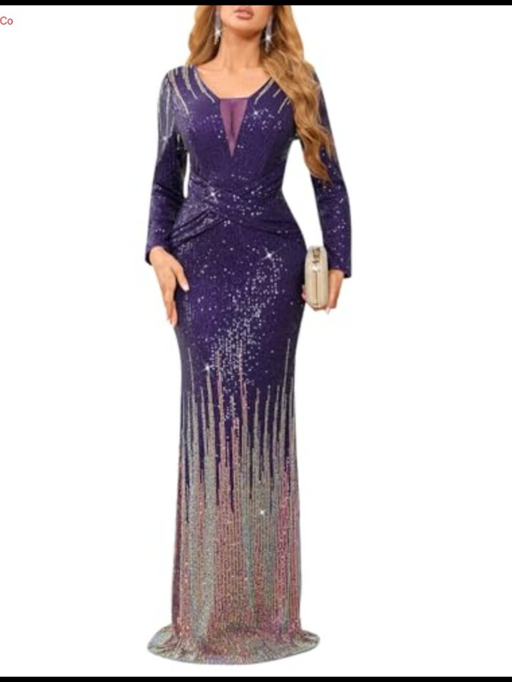 Women's Long Sleeve V-Neck Sequin Formal Evening Gown Prom Party Dress